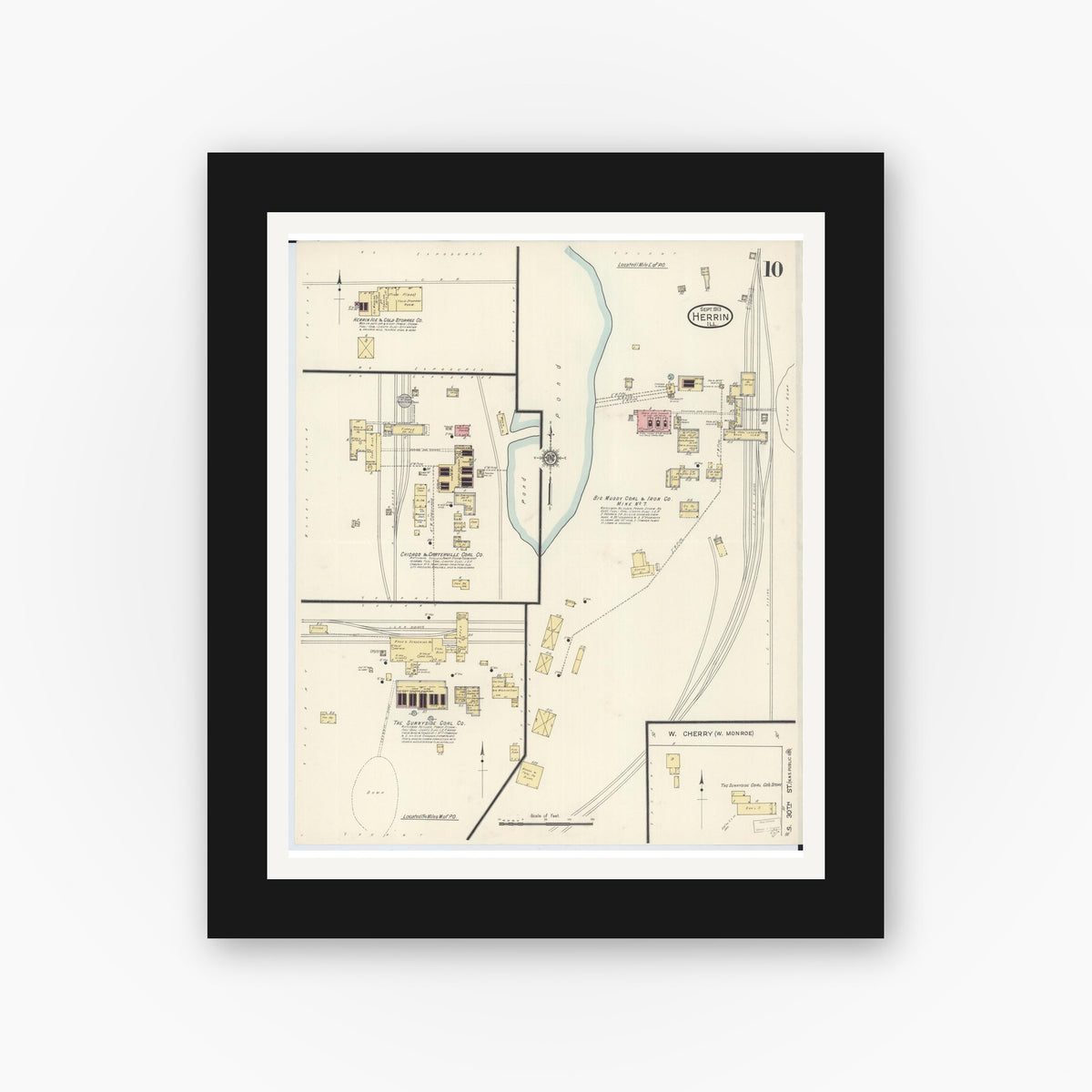 Old map wall art mockup — black gallery frame with white mat — Sanborn Fire Insurance Map from Herrin, Williamson County, Illinois (1913), Sheet #0010