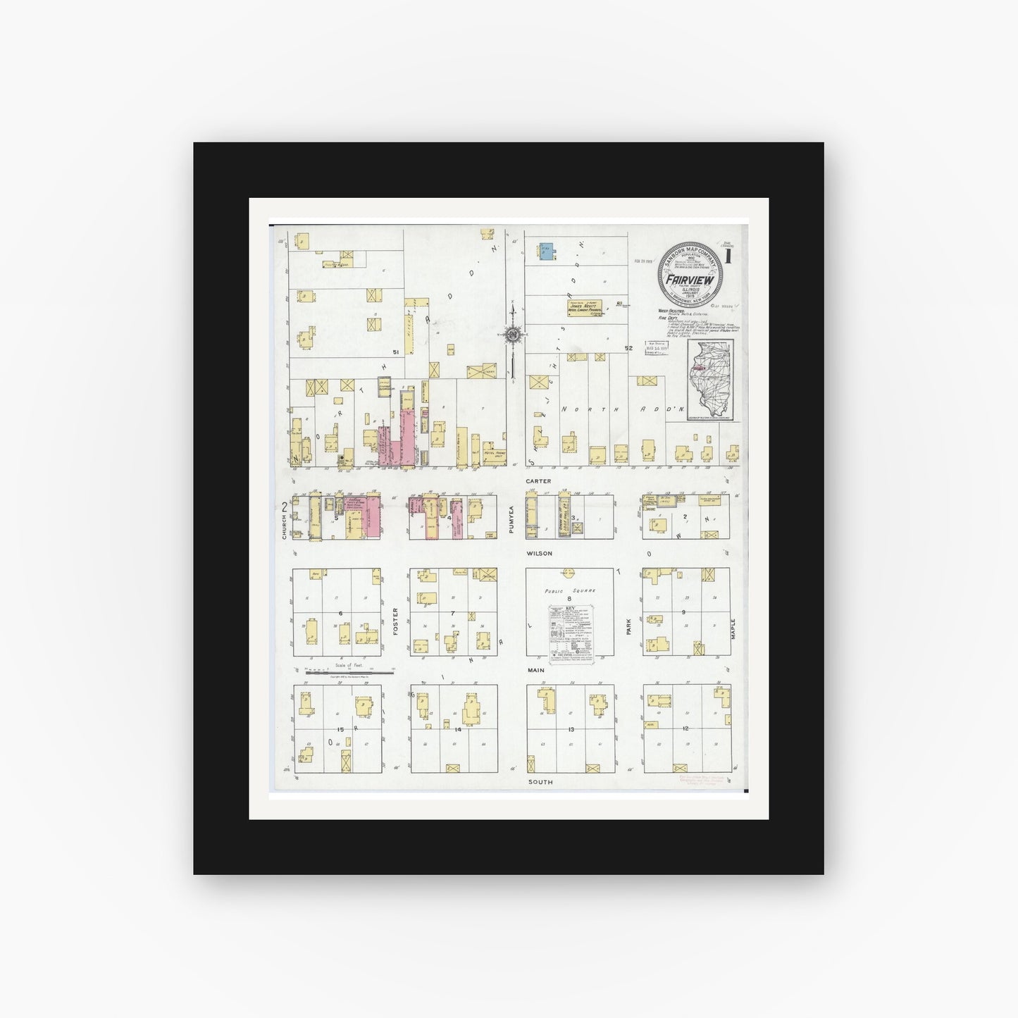 Old map wall art mockup — black gallery frame with white mat — Sanborn Fire Insurance Map from Fairview, Fulton County, Illinois (1919), Sheet #0001