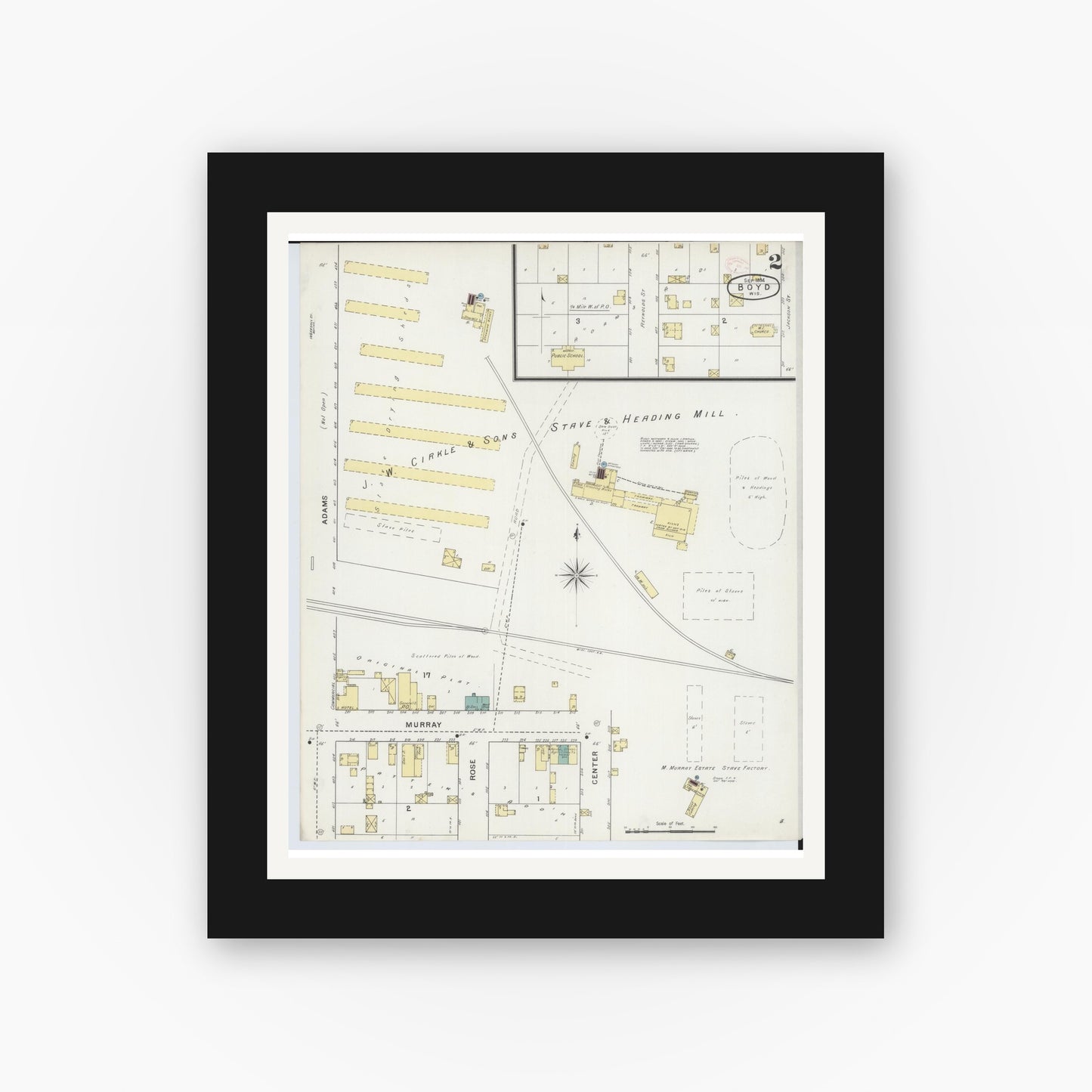 Old map wall art mockup — black gallery frame with white mat — Sanborn Fire Insurance Map from Boyd, Chippewa County, Wisconsin (1894), Sheet #0002
