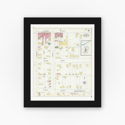 Old map wall art mockup — black gallery frame with white mat — Sanborn Fire Insurance Map from Rushville, Schuyler County, Illinois (1906), Sheet #0008
