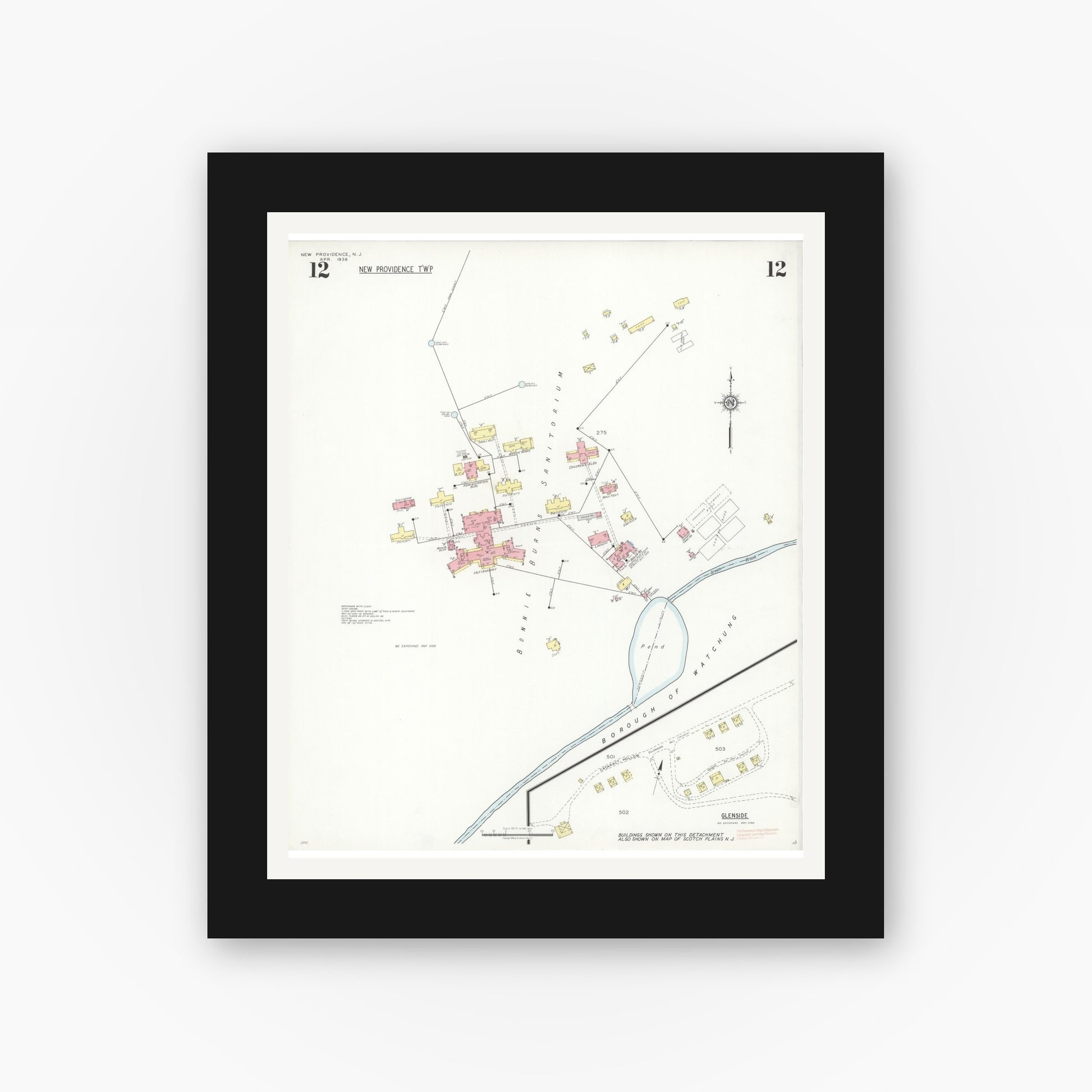 Old map wall art mockup — black gallery frame with white mat — Sanborn Fire Insurance Map from New Providence, Union County, New Jersey (1938), Sheet #0012