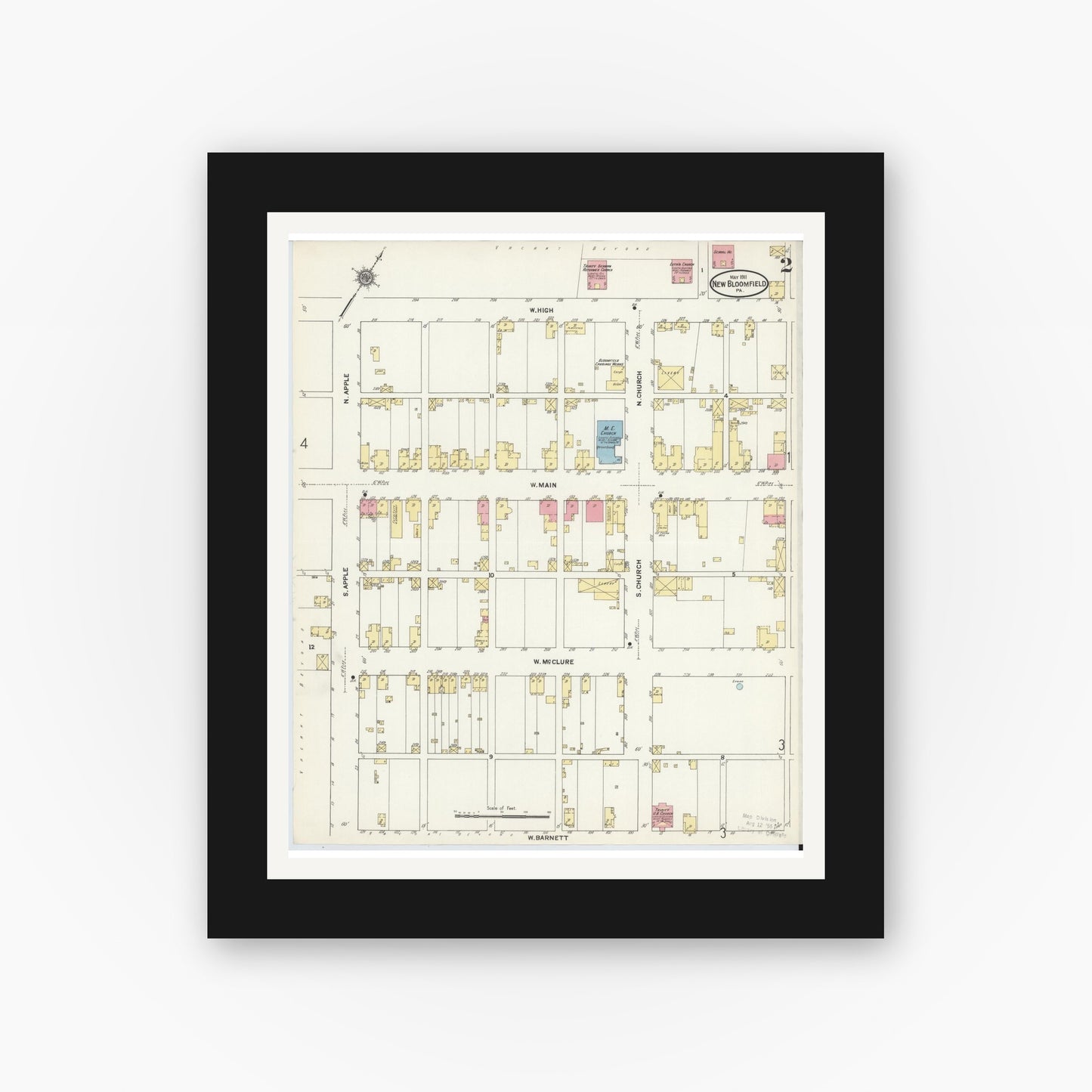 Old map wall art mockup — black gallery frame with white mat — Sanborn Fire Insurance Map from New Bloomfield, Perry County, Pennsylvania (1911), Sheet #0002