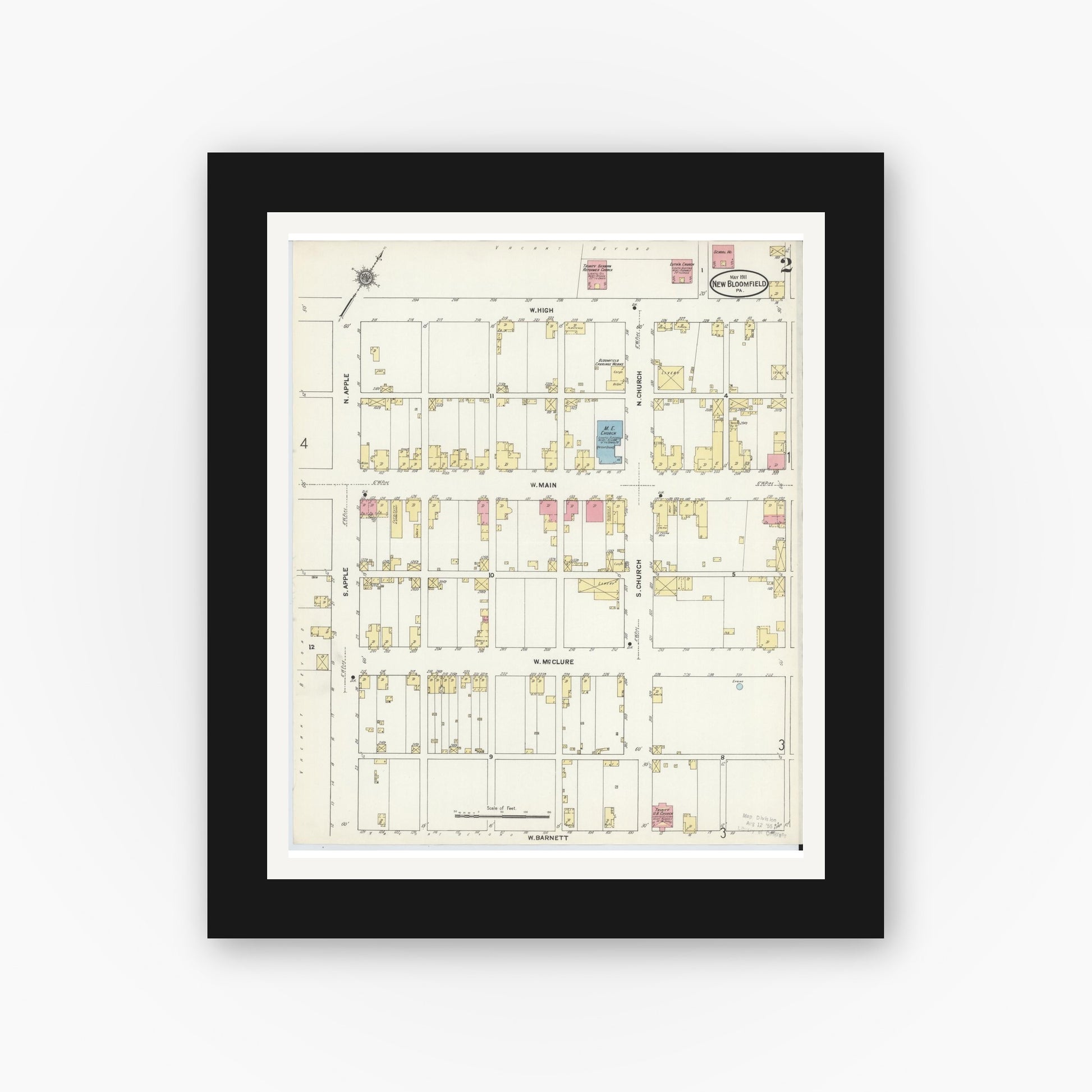 Old map wall art mockup — black gallery frame with white mat — Sanborn Fire Insurance Map from New Bloomfield, Perry County, Pennsylvania (1911), Sheet #0002