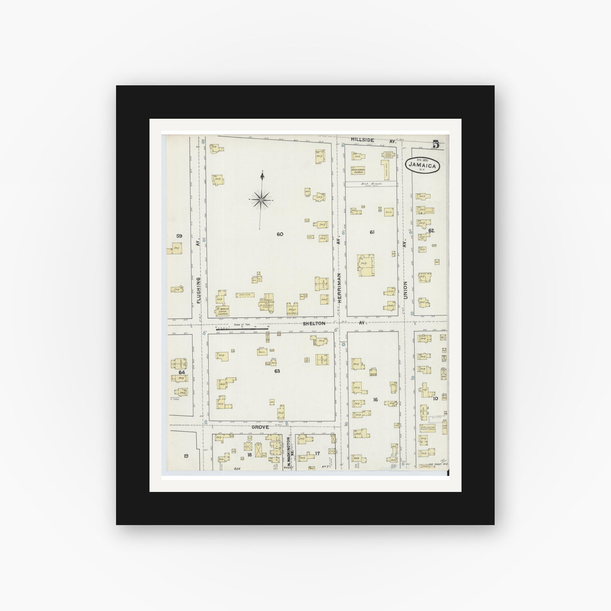 Old map wall art mockup — black gallery frame with white mat — Sanborn Fire Insurance Map from Jamaica, Queens County, New York (1891), Sheet #0005