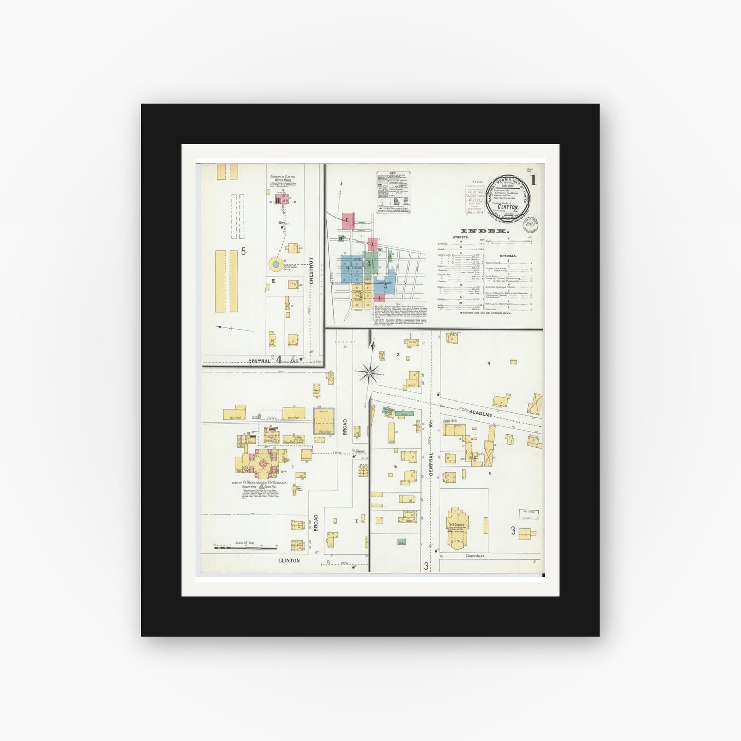 Old map wall art mockup — black gallery frame with white mat — Sanborn Fire Insurance Map from Clayton, Gloucester County, New Jersey (1900), Sheet #0001