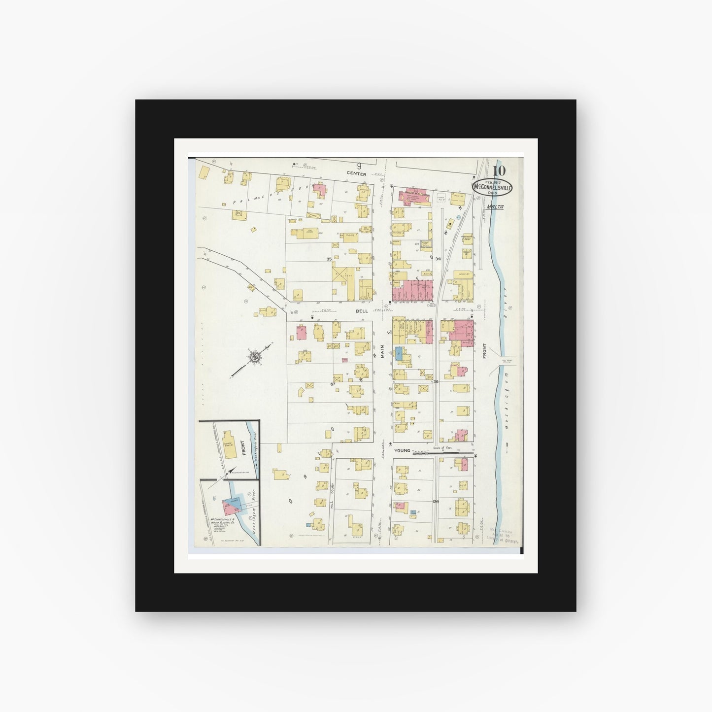 Old map wall art mockup — black gallery frame with white mat — Sanborn Fire Insurance Map from McConnelsville, Morgan County, Ohio (1917), Sheet #0010
