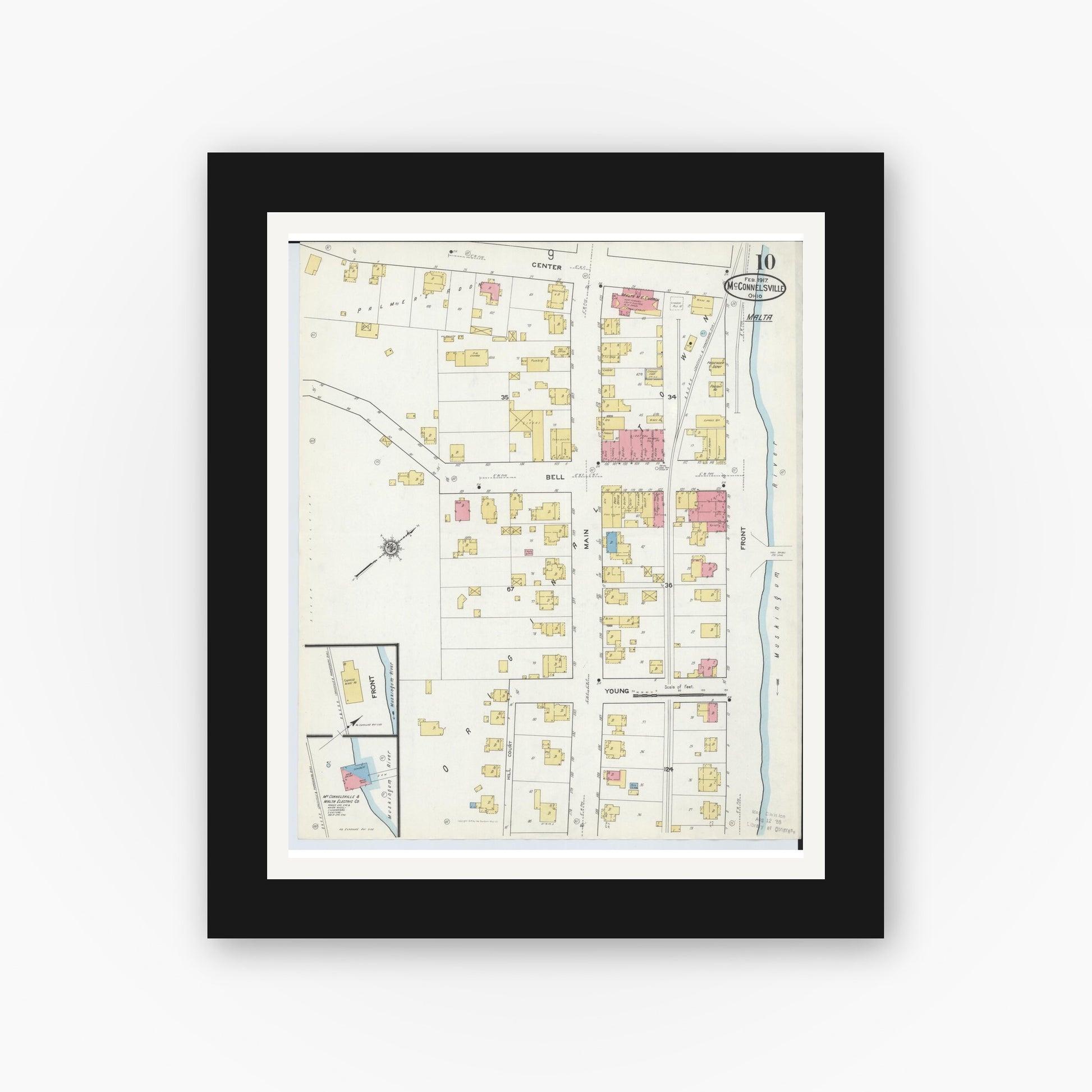 Old map wall art mockup — black gallery frame with white mat — Sanborn Fire Insurance Map from McConnelsville, Morgan County, Ohio (1917), Sheet #0010