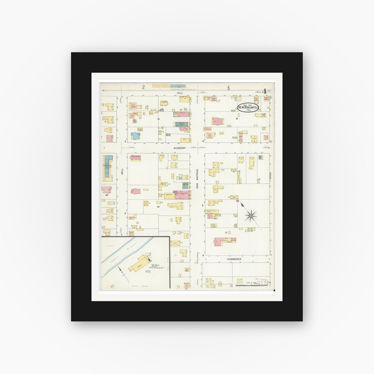Old map wall art mockup — black gallery frame with white mat — Sanborn Fire Insurance Map from New Braunfels, Comal County, Texas (1907), Sheet #0004