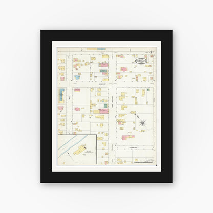 Old map wall art mockup — black gallery frame with white mat — Sanborn Fire Insurance Map from New Braunfels, Comal County, Texas (1907), Sheet #0004