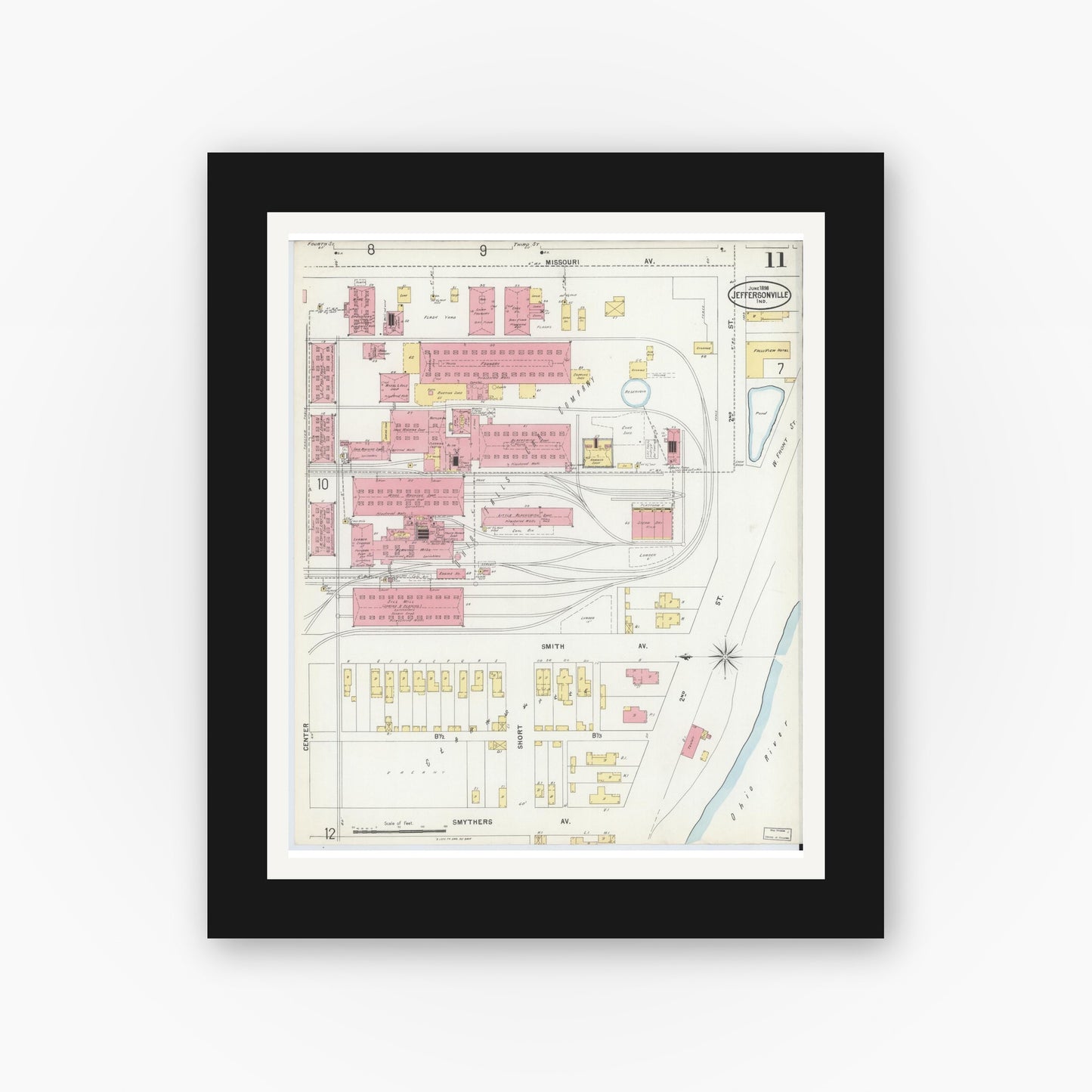 Old map wall art mockup — black gallery frame with white mat — Sanborn Fire Insurance Map from Jeffersonville, Clark County, Indiana (1898), Sheet #0011