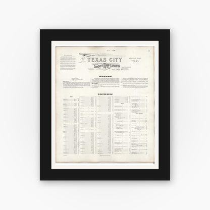 Old map wall art mockup — black gallery frame with white mat — Sanborn Fire Insurance Map from Texas City, Galveston County, Texas (1950), Sheet #0001