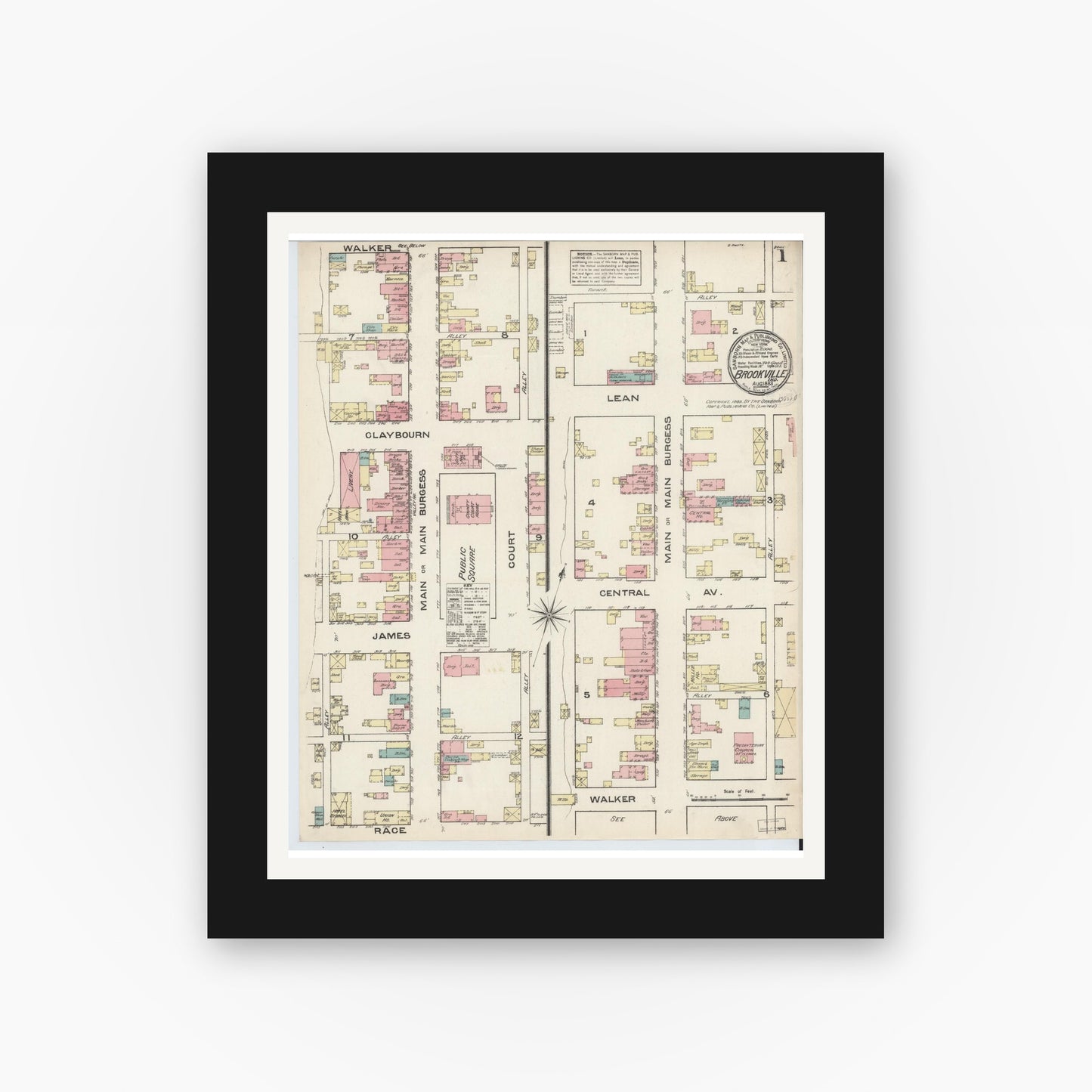 Old map wall art mockup — black gallery frame with white mat — Sanborn Fire Insurance Map from Brookville, Franklin County, Indiana (1883) - Complete Map Set
