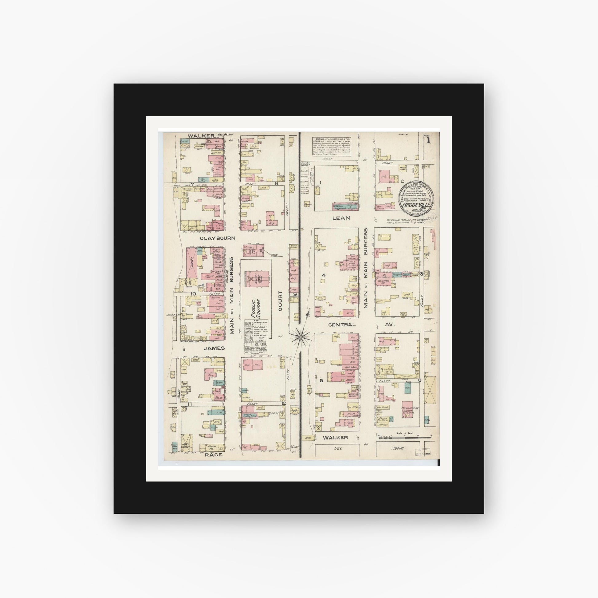 Old map wall art mockup — black gallery frame with white mat — Sanborn Fire Insurance Map from Brookville, Franklin County, Indiana (1883) - Complete Map Set