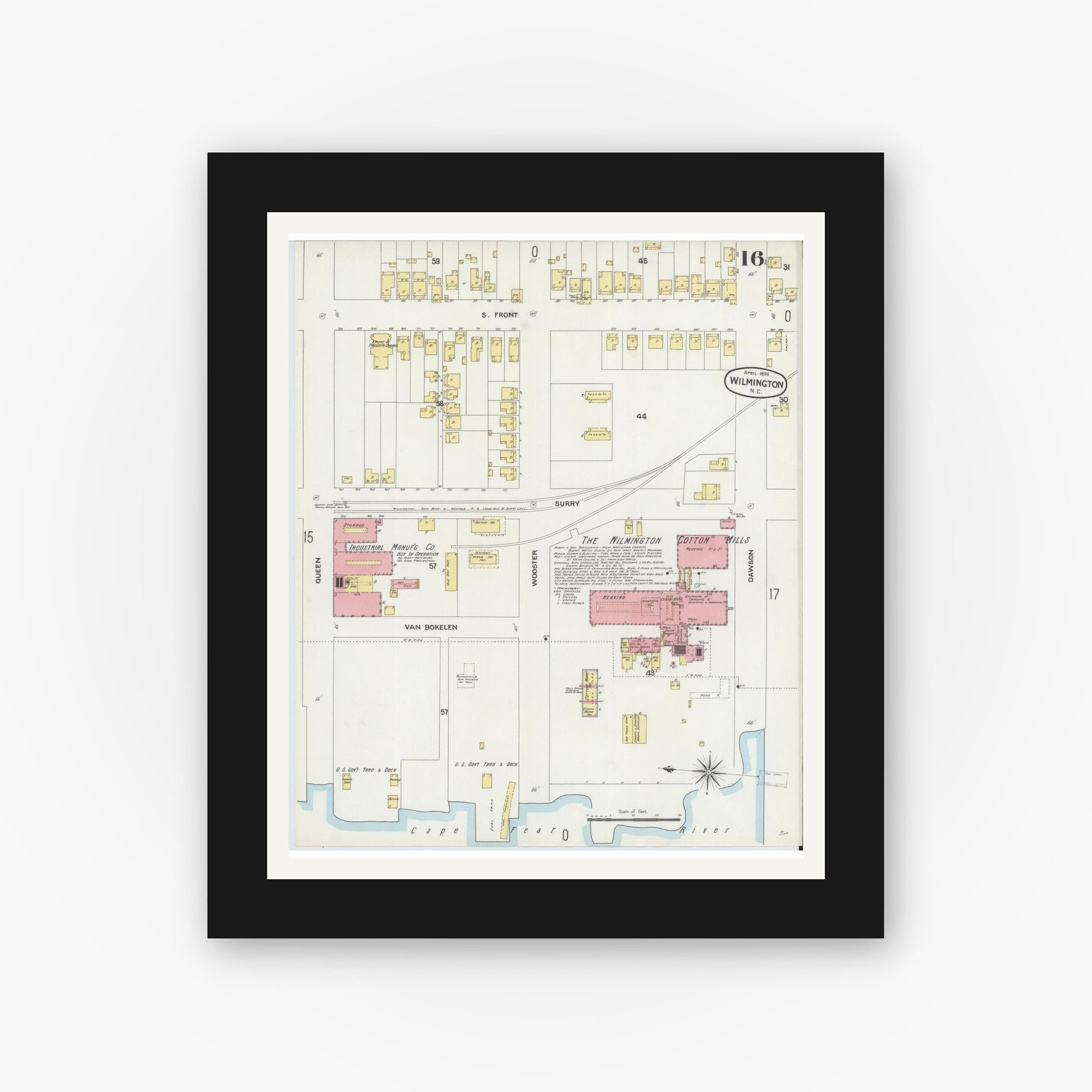 Old map wall art mockup — black gallery frame with white mat — Sanborn Fire Insurance Map from Wilmington, New Hanover County, North Carolina (1898), Sheet #0016