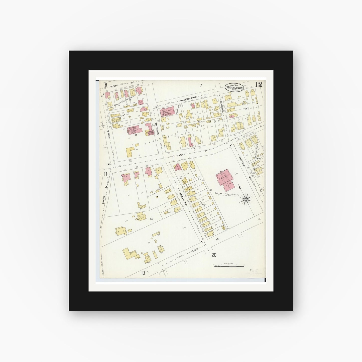Old map wall art mockup — black gallery frame with white mat — Sanborn Fire Insurance Map from Middletown, Butler County, Ohio (1907), Sheet #0012