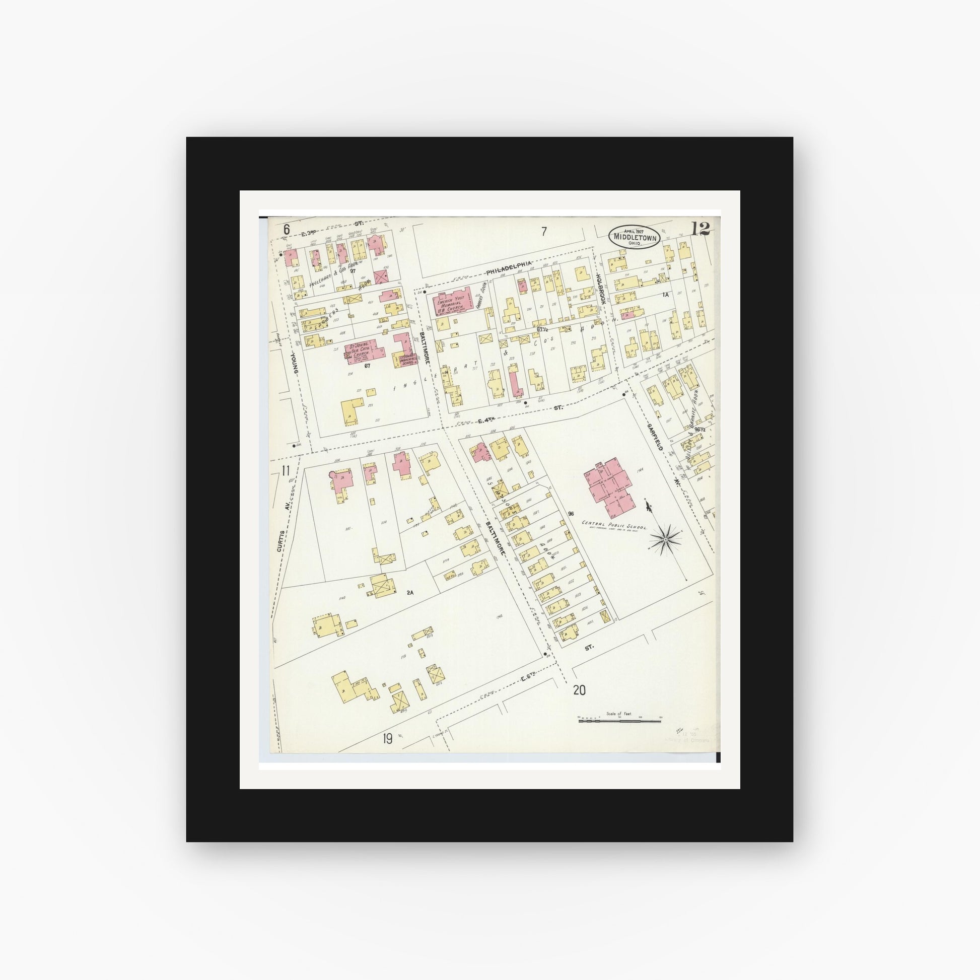 Old map wall art mockup — black gallery frame with white mat — Sanborn Fire Insurance Map from Middletown, Butler County, Ohio (1907), Sheet #0012