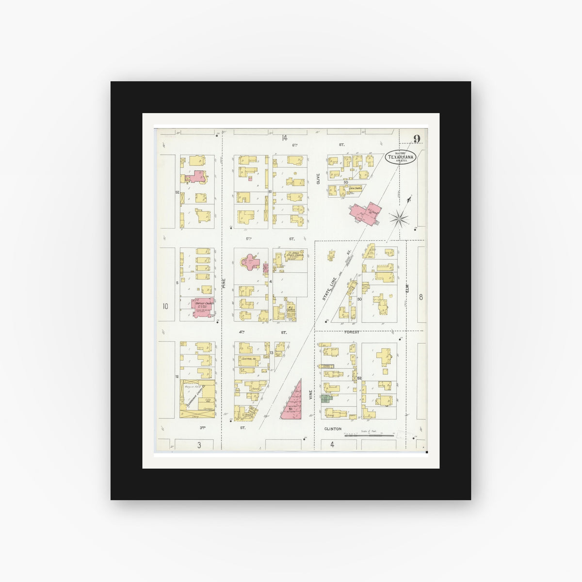 Old map wall art mockup — black gallery frame with white mat — Sanborn Fire Insurance Map from Texarkana, Bowie County, Texas (1900), Sheet #0009