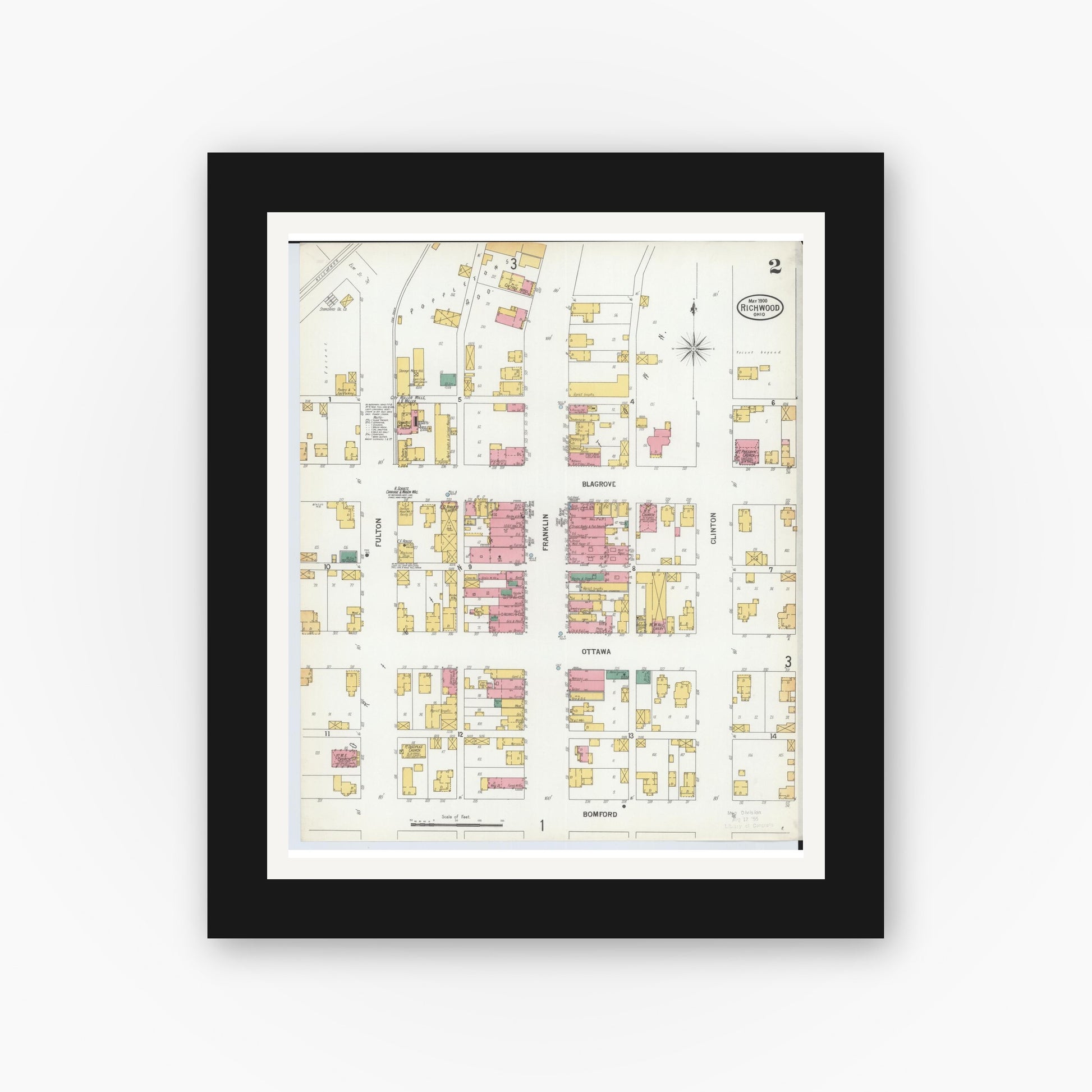 Old map wall art mockup — black gallery frame with white mat — Sanborn Fire Insurance Map from Richwood, Union County, Ohio (1900), Sheet #0002