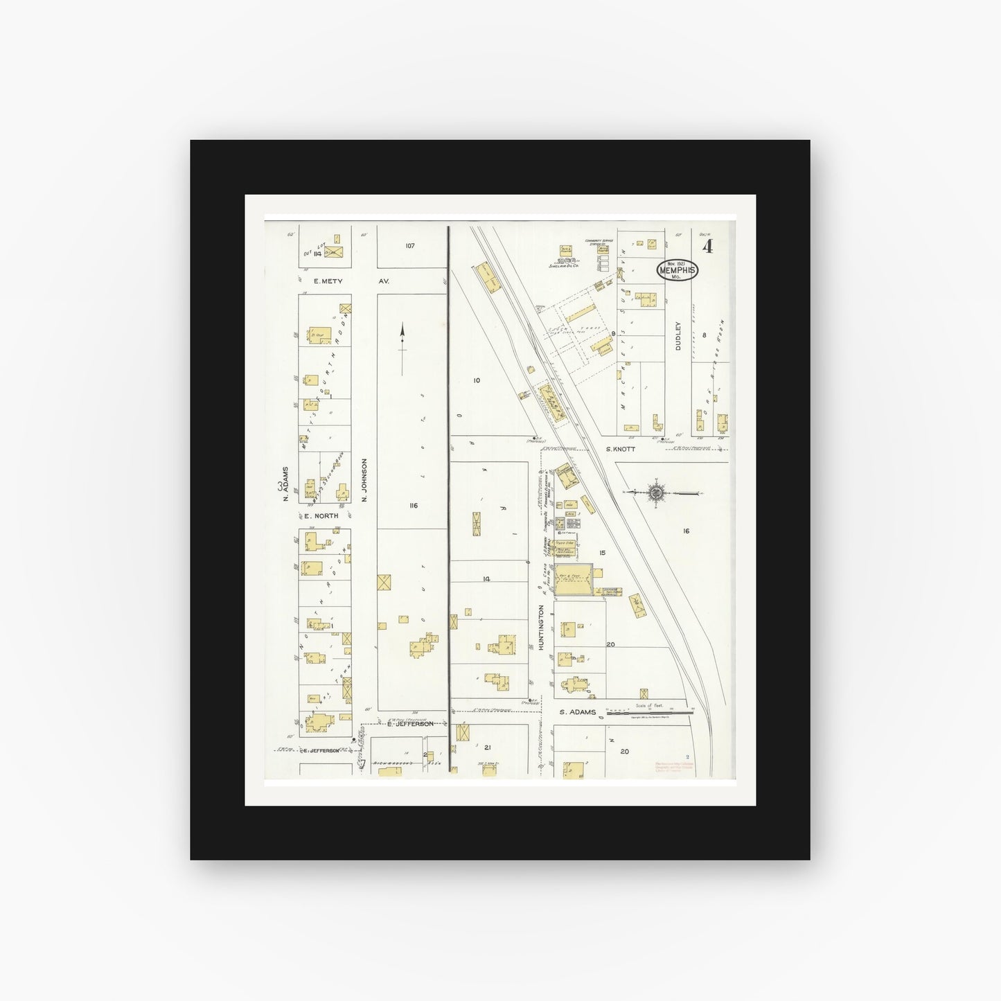 Old map wall art mockup — black gallery frame with white mat — Sanborn Fire Insurance Map from Memphis, Scotland County, Missouri (1921), Sheet #0004