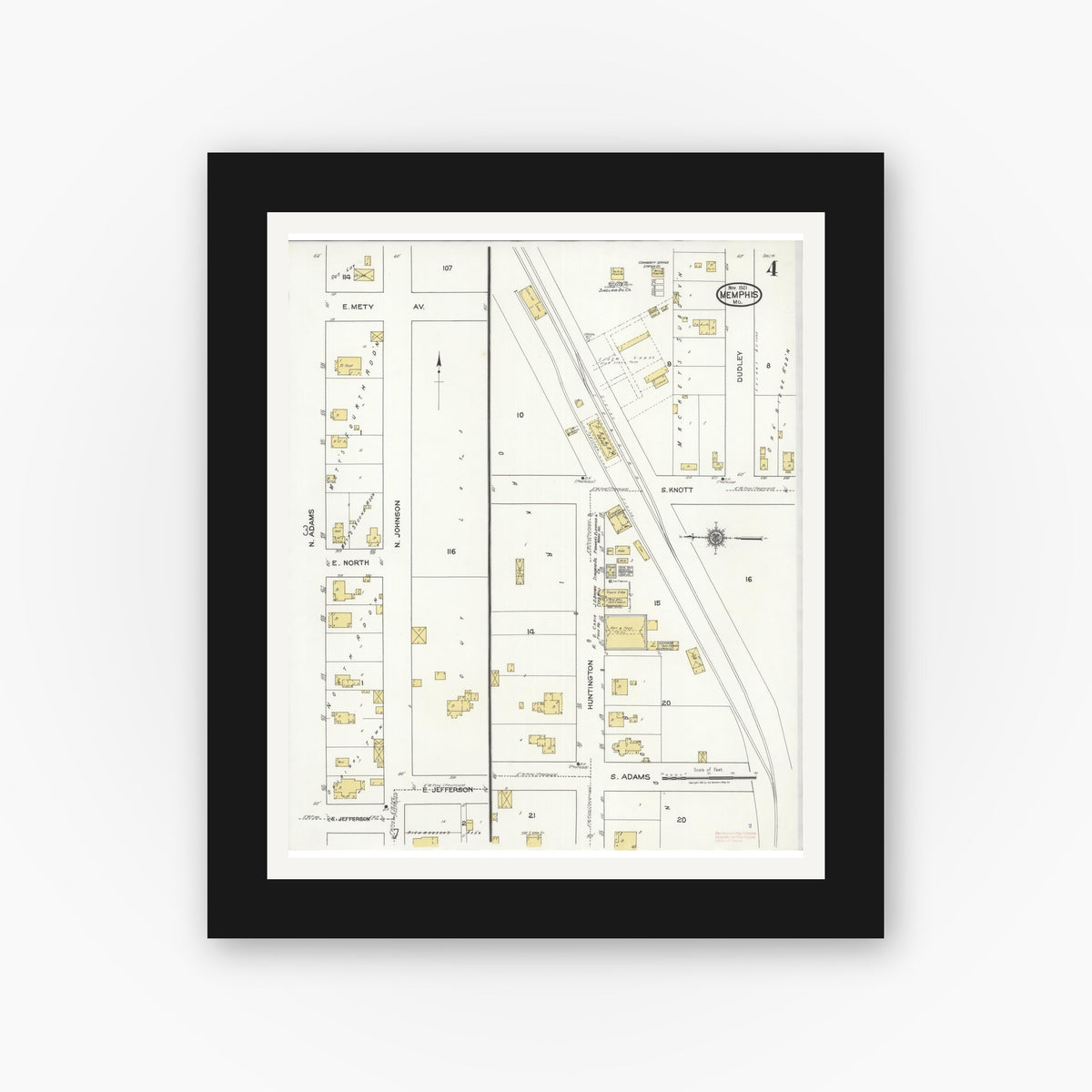Old map wall art mockup — black gallery frame with white mat — Sanborn Fire Insurance Map from Memphis, Scotland County, Missouri (1921), Sheet #0004