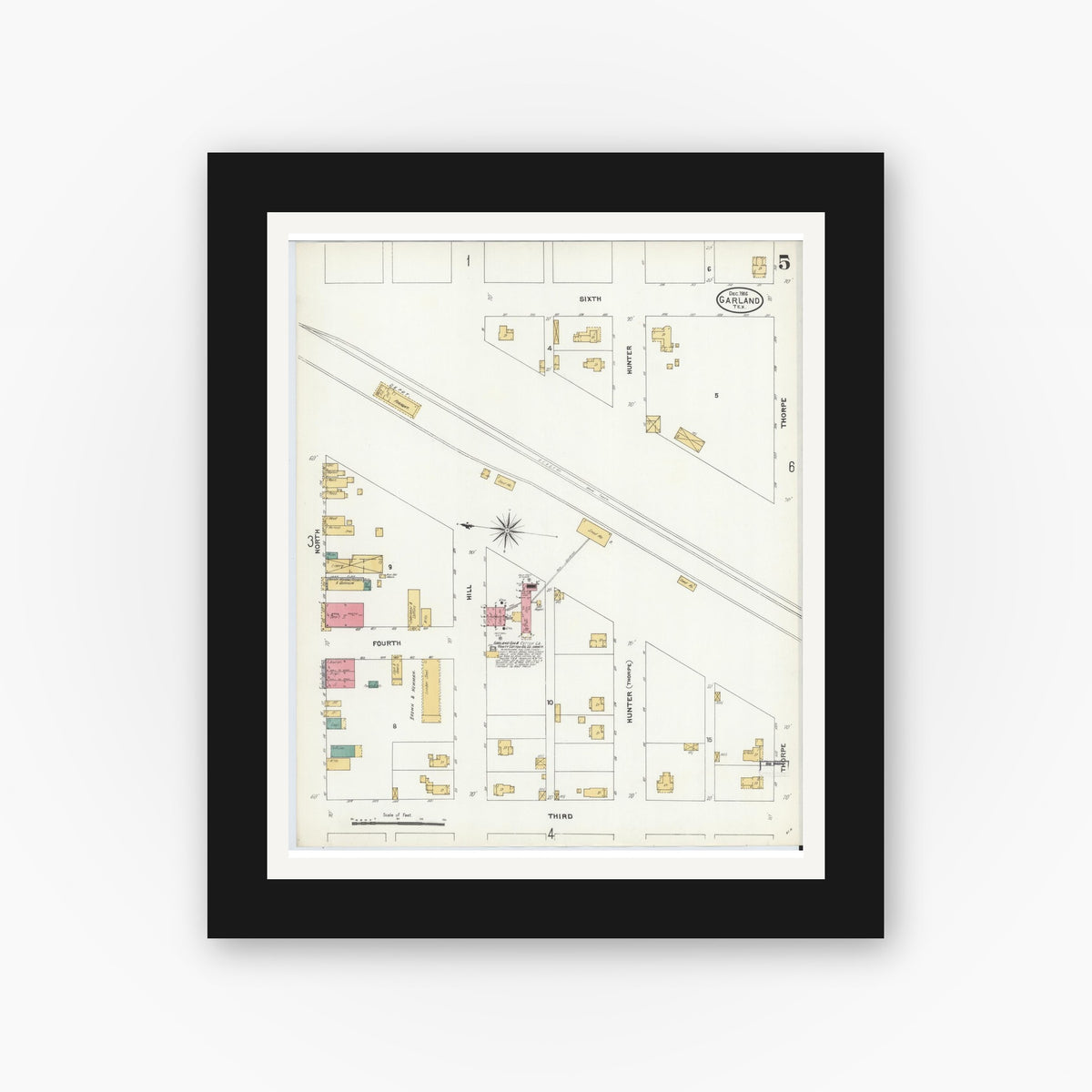 Old map wall art mockup — black gallery frame with white mat — Sanborn Fire Insurance Map from Garland, Dallas County, Texas (1906), Sheet #0005