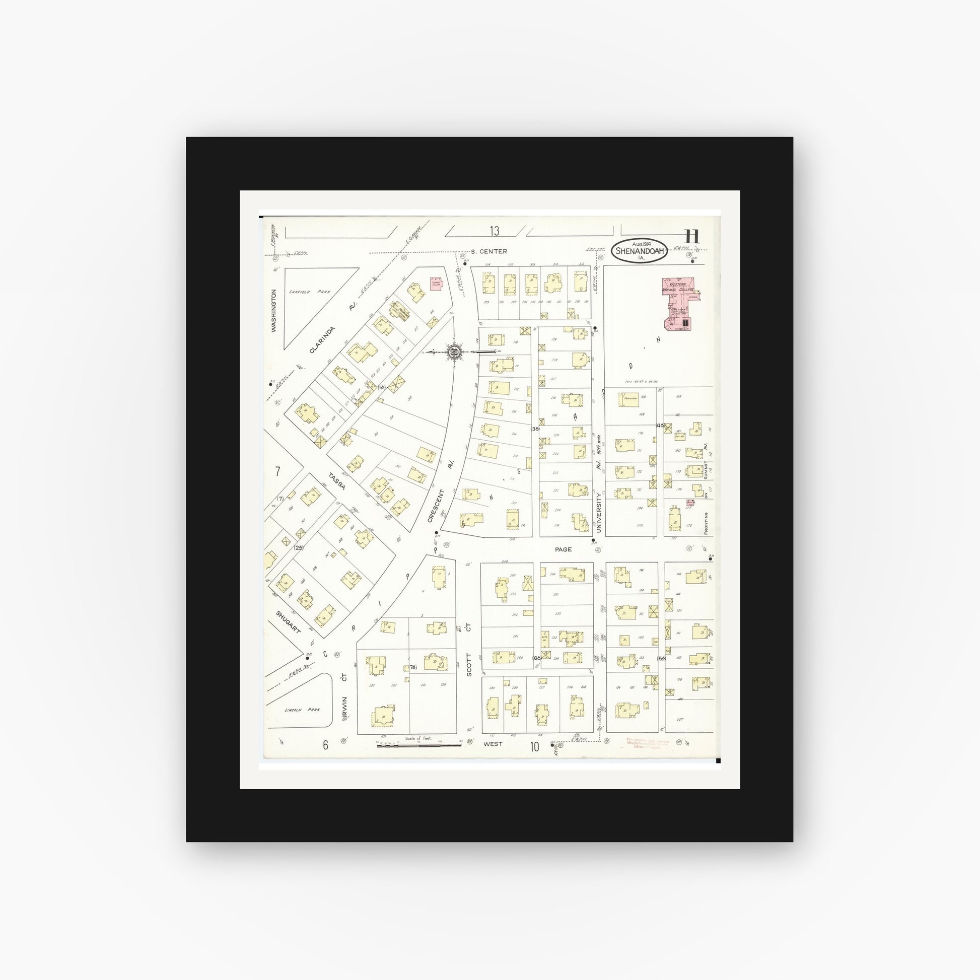 Old map wall art mockup — black gallery frame with white mat — Sanborn Fire Insurance Map from Shenandoah, Page County, Iowa (1914), Sheet #0011