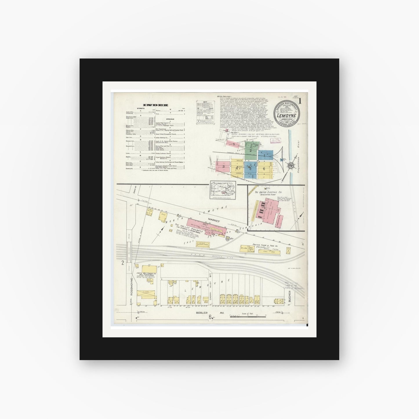 Old map wall art mockup — black gallery frame with white mat — Sanborn Fire Insurance Map from Lemoyne, Cumberland County, Pennsylvania (1913), Sheet #0001