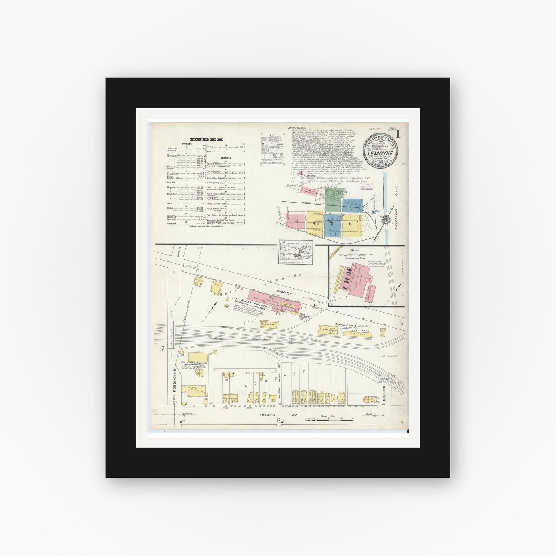 Old map wall art mockup — black gallery frame with white mat — Sanborn Fire Insurance Map from Lemoyne, Cumberland County, Pennsylvania (1913), Sheet #0001