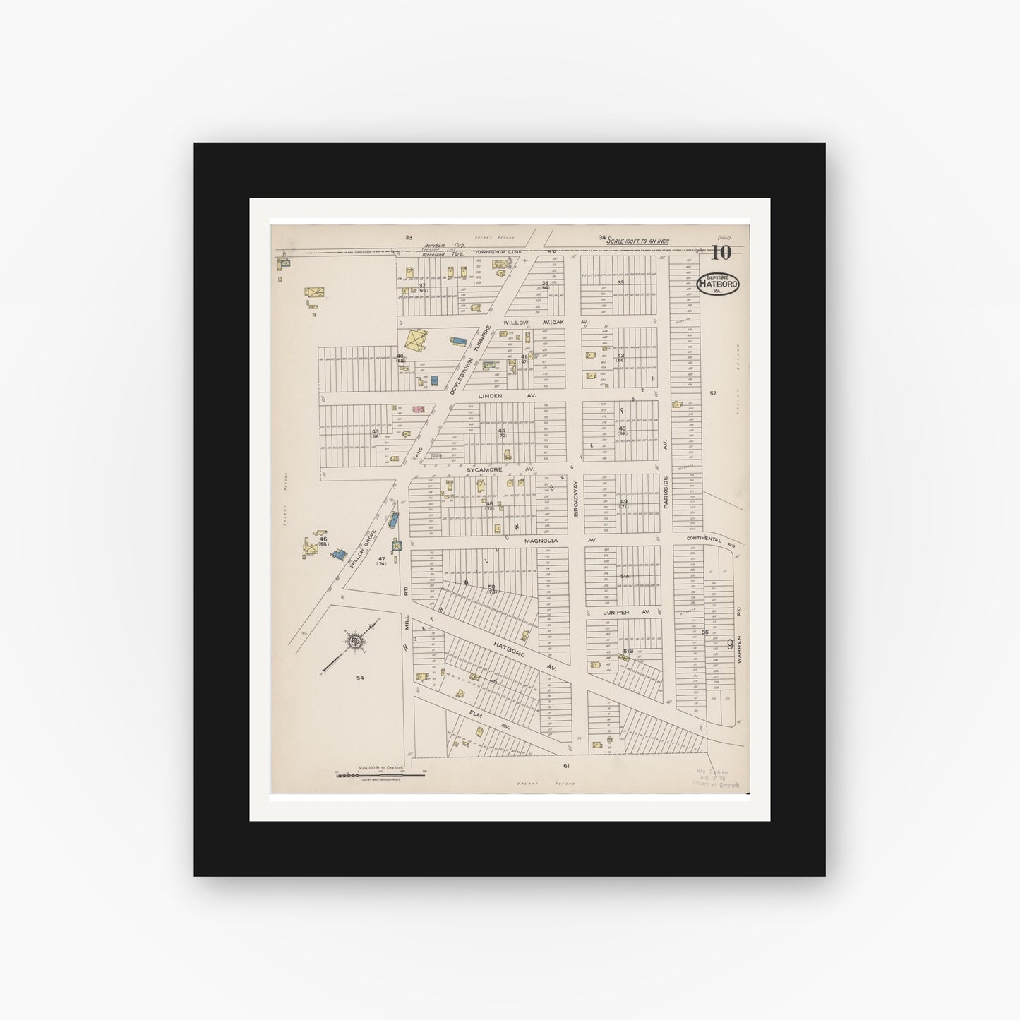 Old map wall art mockup — black gallery frame with white mat — Sanborn Fire Insurance Map from Hatboro, Montgomery County, Pennsylvania (1922), Sheet #0010