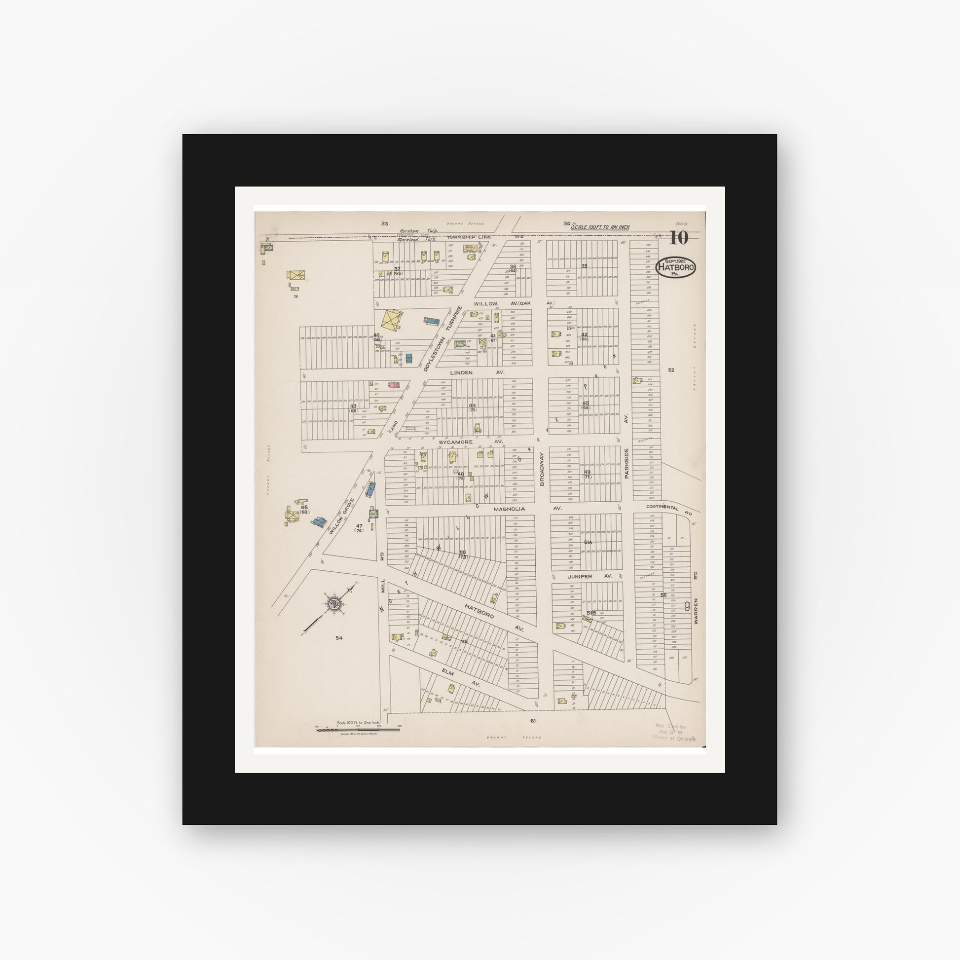Old map wall art mockup — black gallery frame with white mat — Sanborn Fire Insurance Map from Hatboro, Montgomery County, Pennsylvania (1922), Sheet #0010