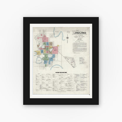 Old map wall art mockup — black gallery frame with white mat — Sanborn Fire Insurance Map from Lakeland, Polk County, Florida (1917) - Complete Map Set