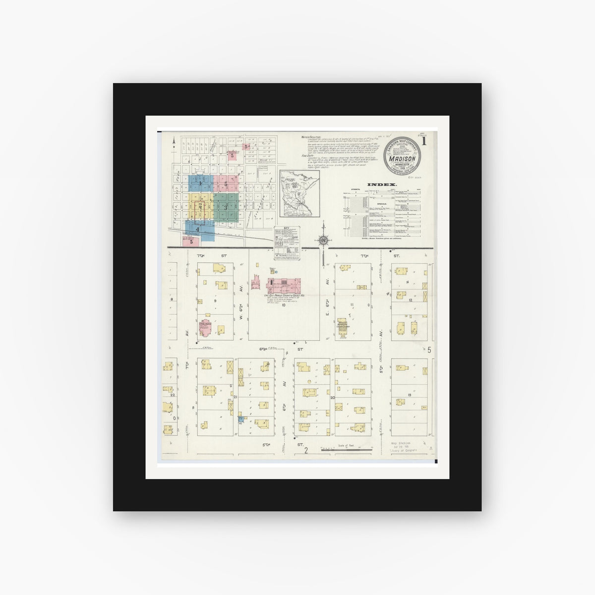 Old map wall art mockup — black gallery frame with white mat — Sanborn Fire Insurance Map from Madison, Lac Qui Parle County, Minnesota (1913), Sheet #0001