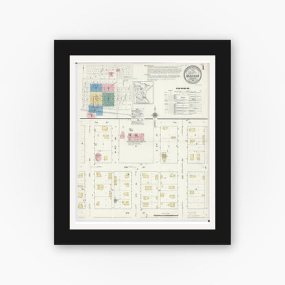 Old map wall art mockup — black gallery frame with white mat — Sanborn Fire Insurance Map from Madison, Lac Qui Parle County, Minnesota (1913), Sheet #0001