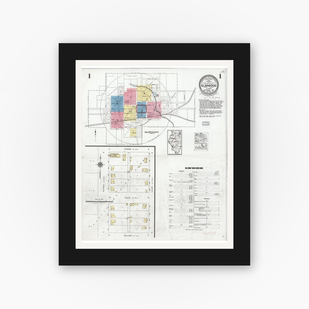 Old map wall art mockup — black gallery frame with white mat — Sanborn Fire Insurance Map from Elmwood, Peoria County, Illinois (1927) - Complete Map Set