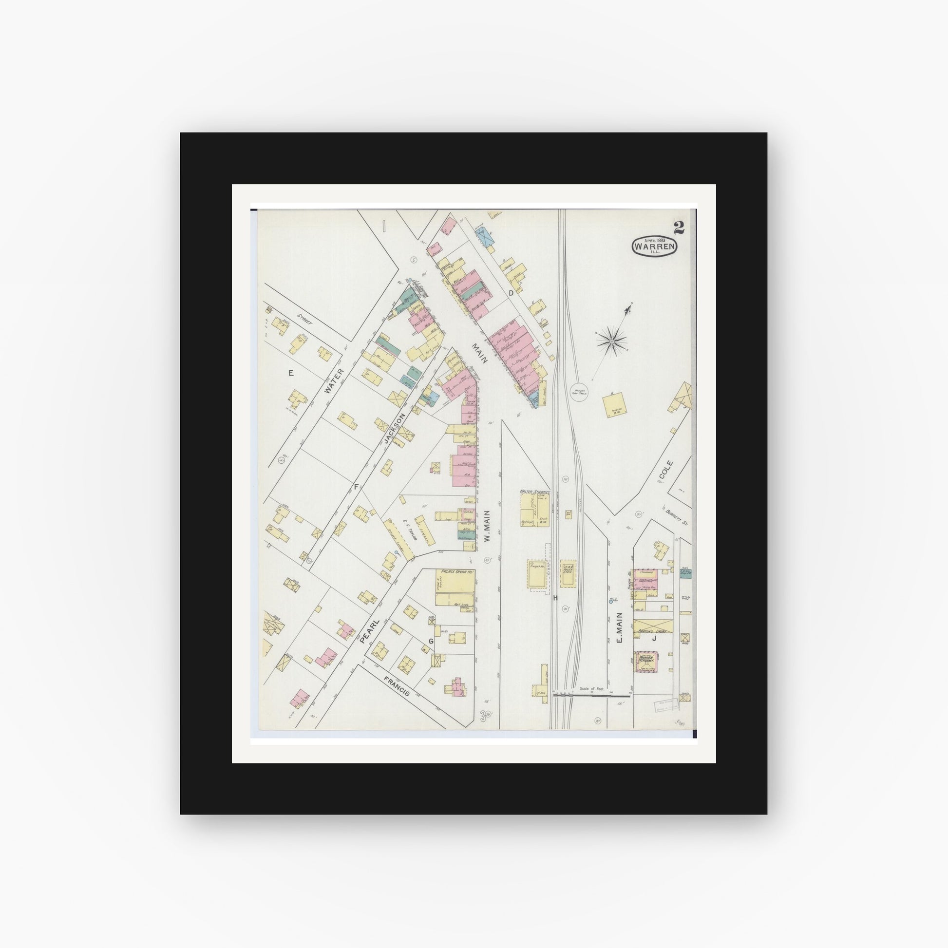 Old map wall art mockup — black gallery frame with white mat — Sanborn Fire Insurance Map from Warren, Jo Daviess County, Illinois (1893), Sheet #0002