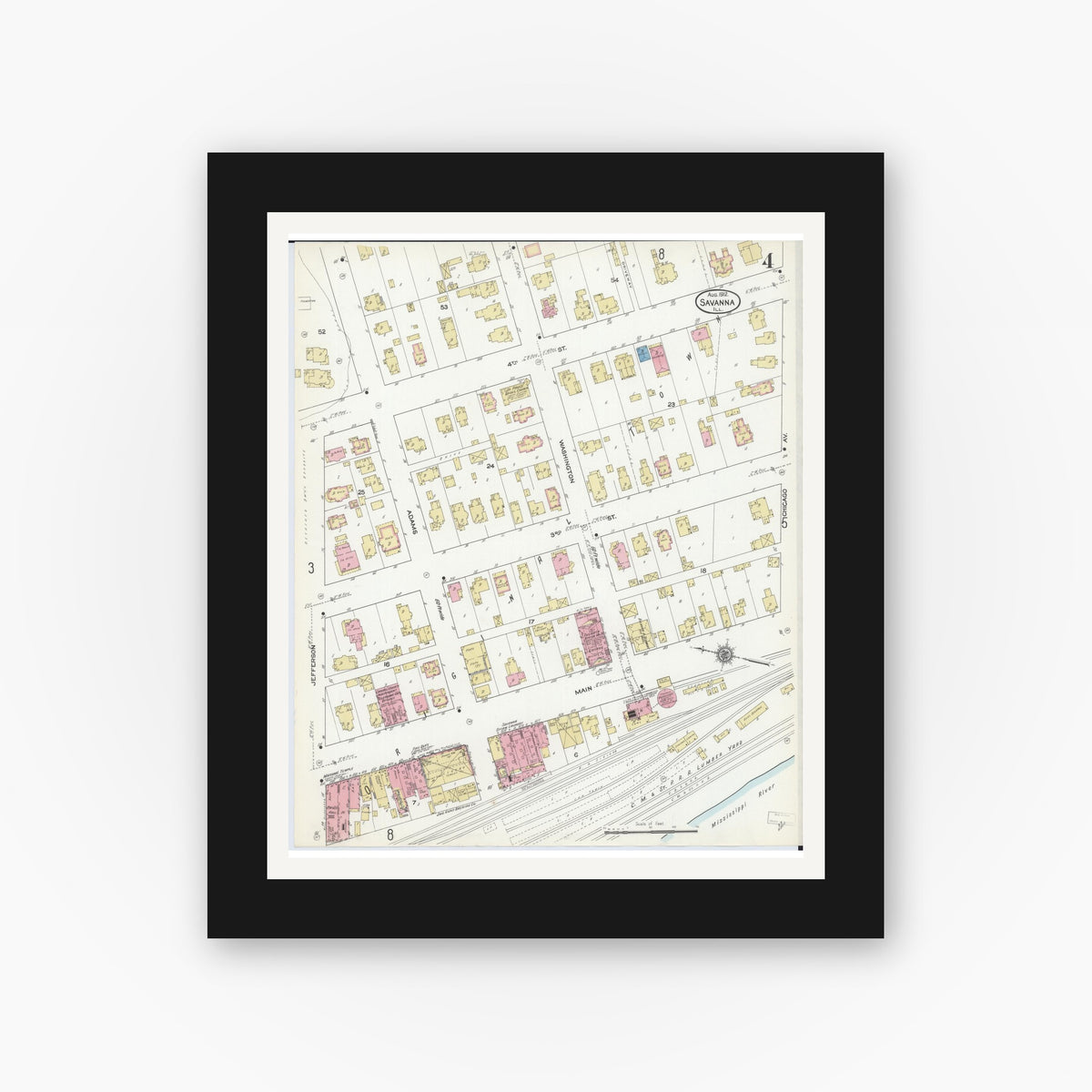 Old map wall art mockup — black gallery frame with white mat — Sanborn Fire Insurance Map from Savanna, Carroll County, Illinois (1912), Sheet #0004