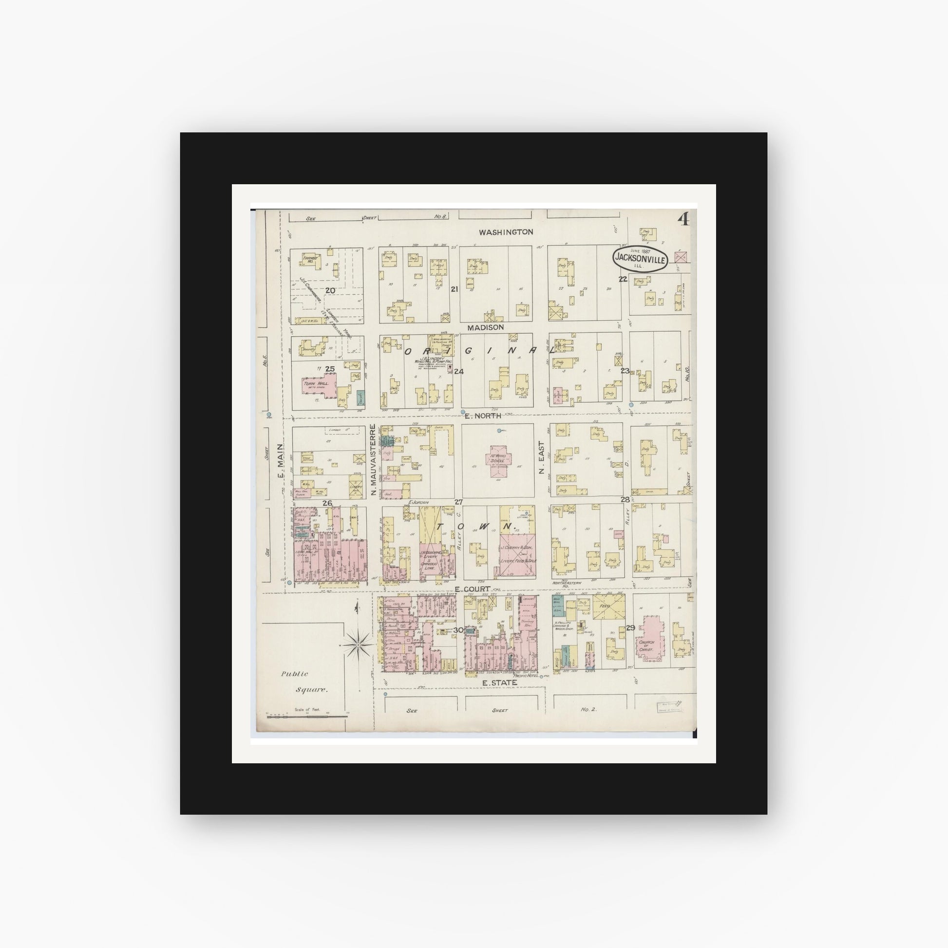 Old map wall art mockup — black gallery frame with white mat — Sanborn Fire Insurance Map from Jacksonville, Morgan County, Illinois (1887), Sheet #0004