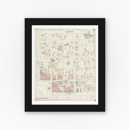 Old map wall art mockup — black gallery frame with white mat — Sanborn Fire Insurance Map from Jacksonville, Morgan County, Illinois (1887), Sheet #0004