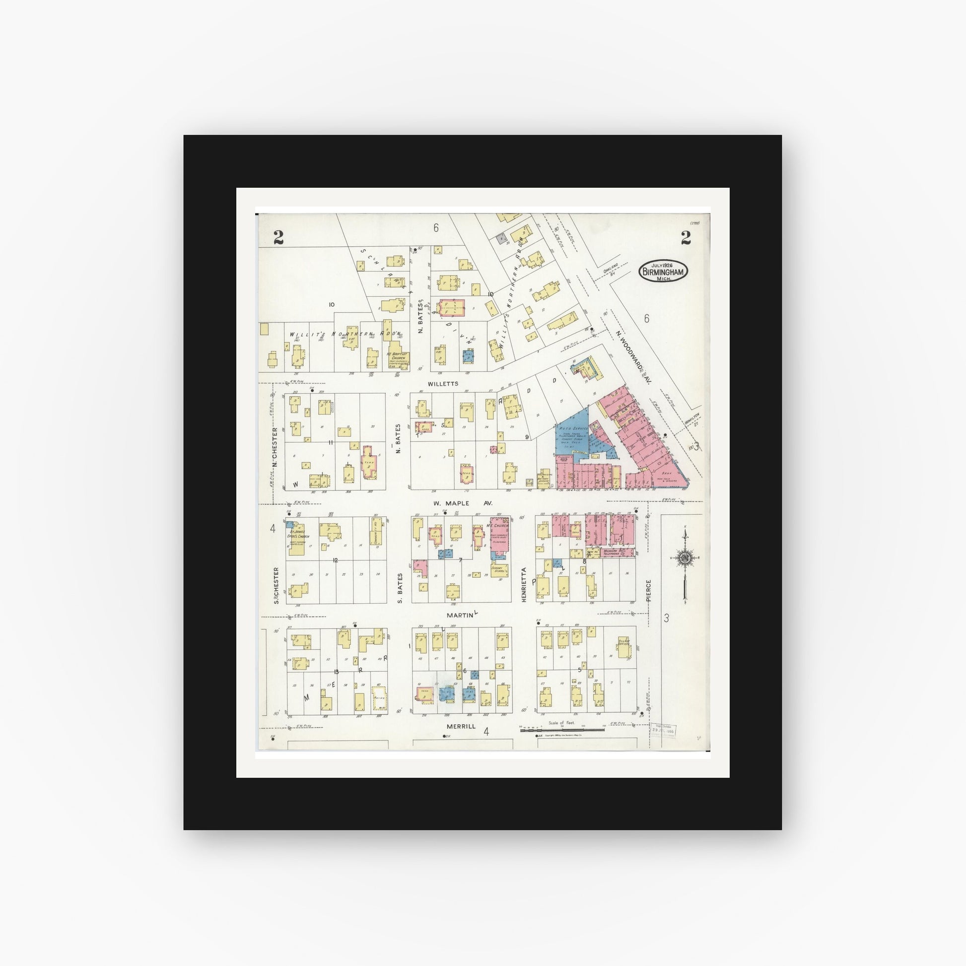 Old map wall art mockup — black gallery frame with white mat — Sanborn Fire Insurance Map from Birmingham, Oakland County, Michigan (1926), Sheet #0002
