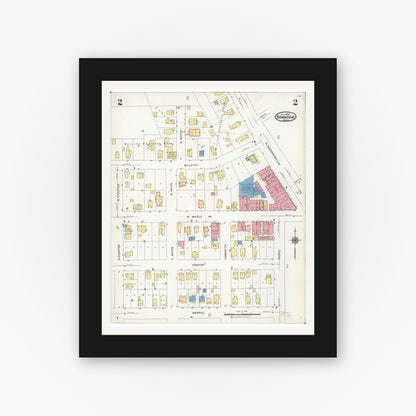 Old map wall art mockup — black gallery frame with white mat — Sanborn Fire Insurance Map from Birmingham, Oakland County, Michigan (1926), Sheet #0002