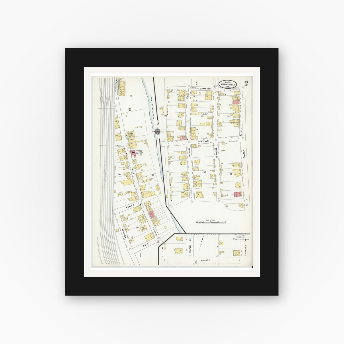 Old map wall art mockup — black gallery frame with white mat — Sanborn Fire Insurance Map from Marysville, Perry County, Pennsylvania (1911), Sheet #0002