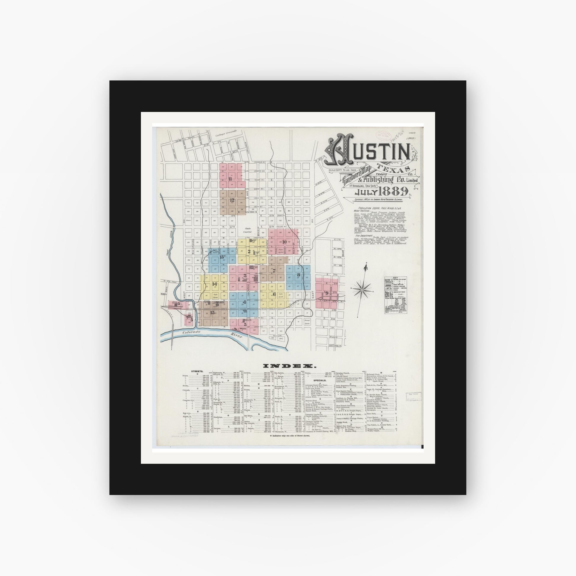 Old map wall art mockup — black gallery frame with white mat — Sanborn Fire Insurance Map from Austin, Travis County, Texas (1889), Sheet #0001
