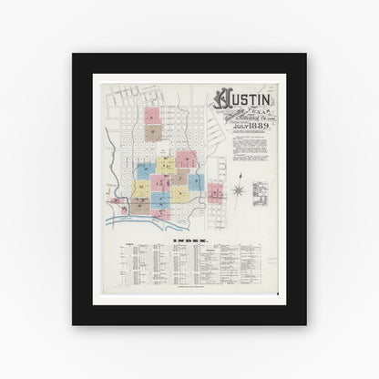Old map wall art mockup — black gallery frame with white mat — Sanborn Fire Insurance Map from Austin, Travis County, Texas (1889), Sheet #0001