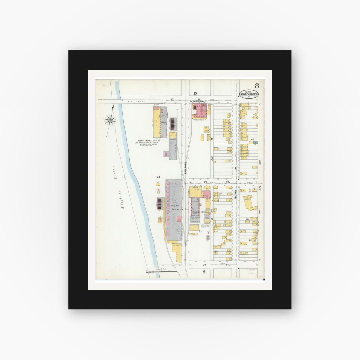Old map wall art mockup — black gallery frame with white mat — Sanborn Fire Insurance Map from New Kensington, Westmoreland County, Pennsylvania (1900), Sheet #0008