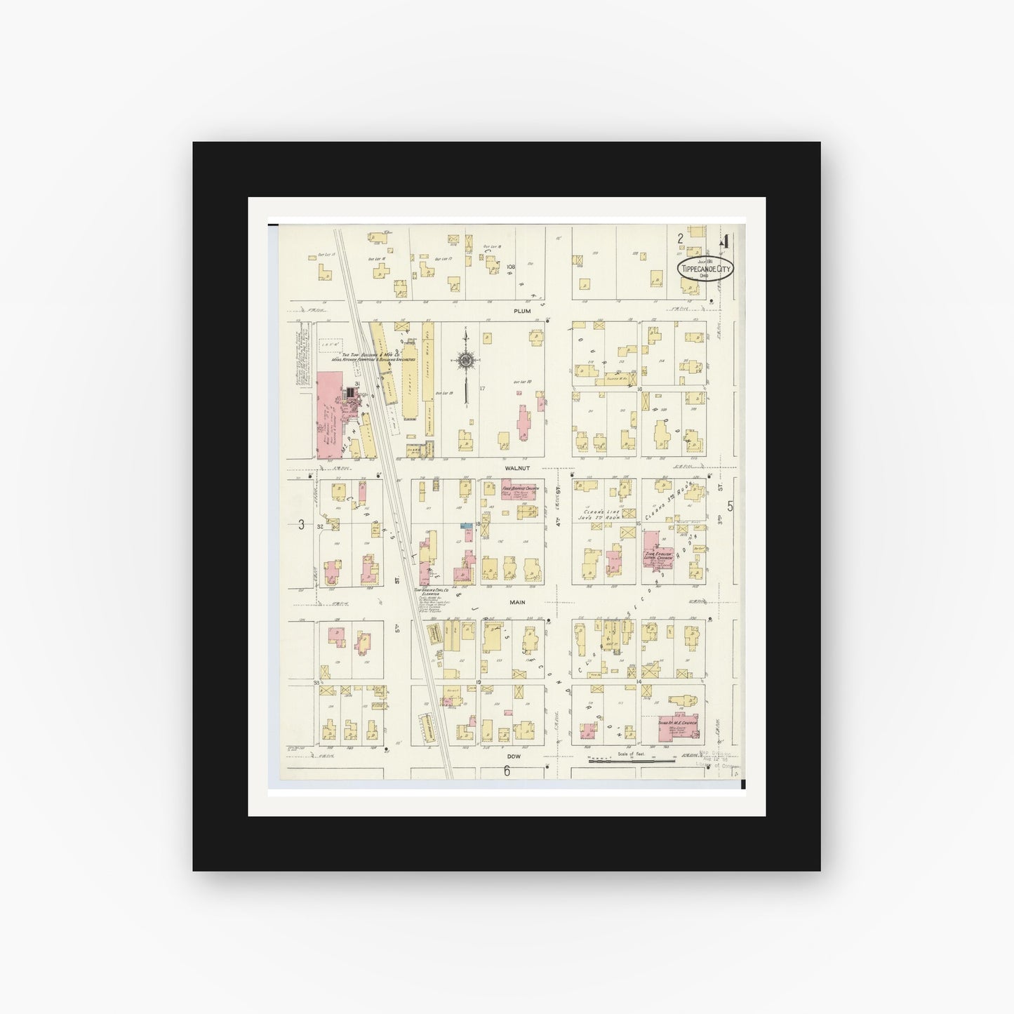 Old map wall art mockup — black gallery frame with white mat — Sanborn Fire Insurance Map from Tipp City, Miami County, Ohio (1911), Sheet #0004