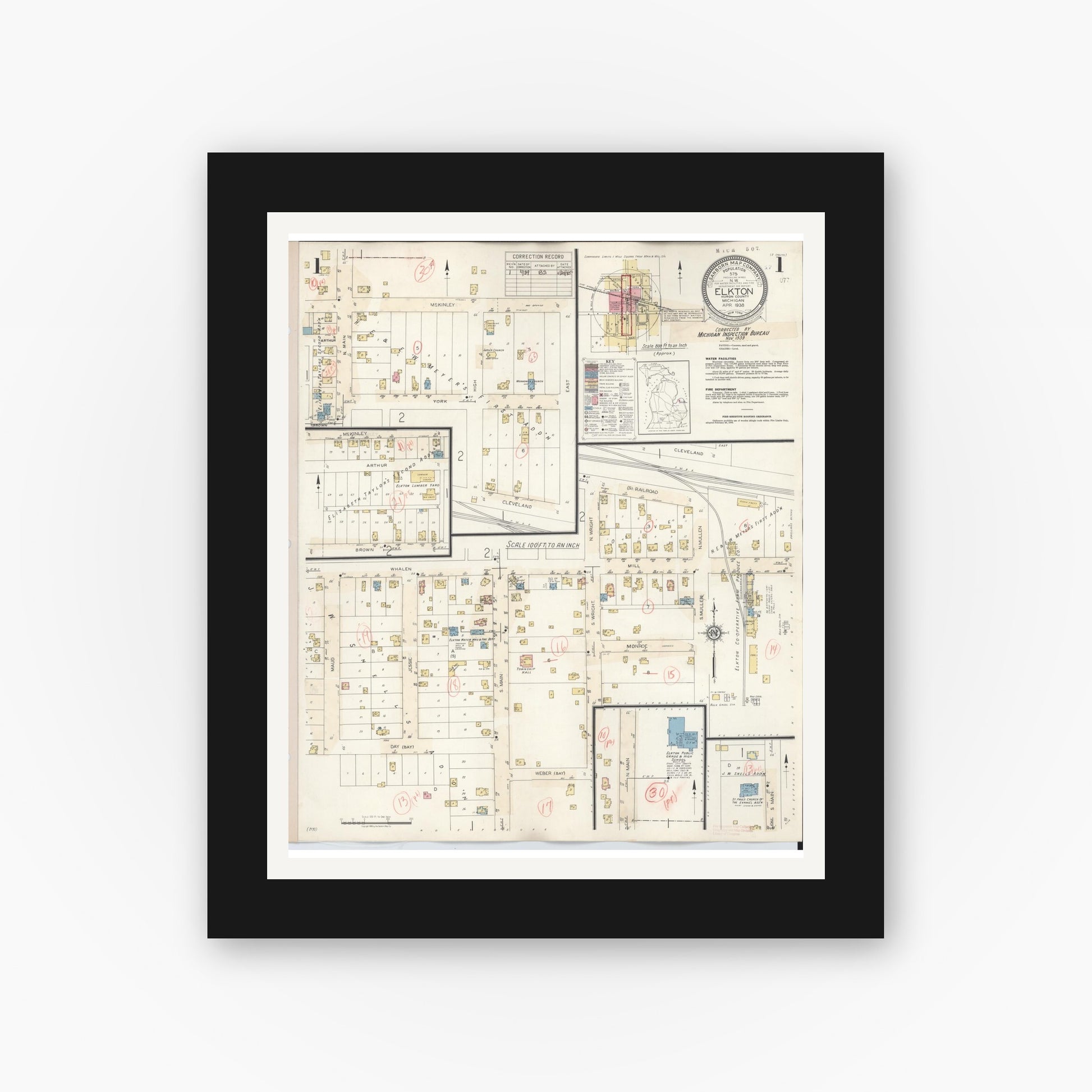Old map wall art mockup — black gallery frame with white mat — Sanborn Fire Insurance Map from Elkton, Huron County, Michigan (1939) - Complete Map Set