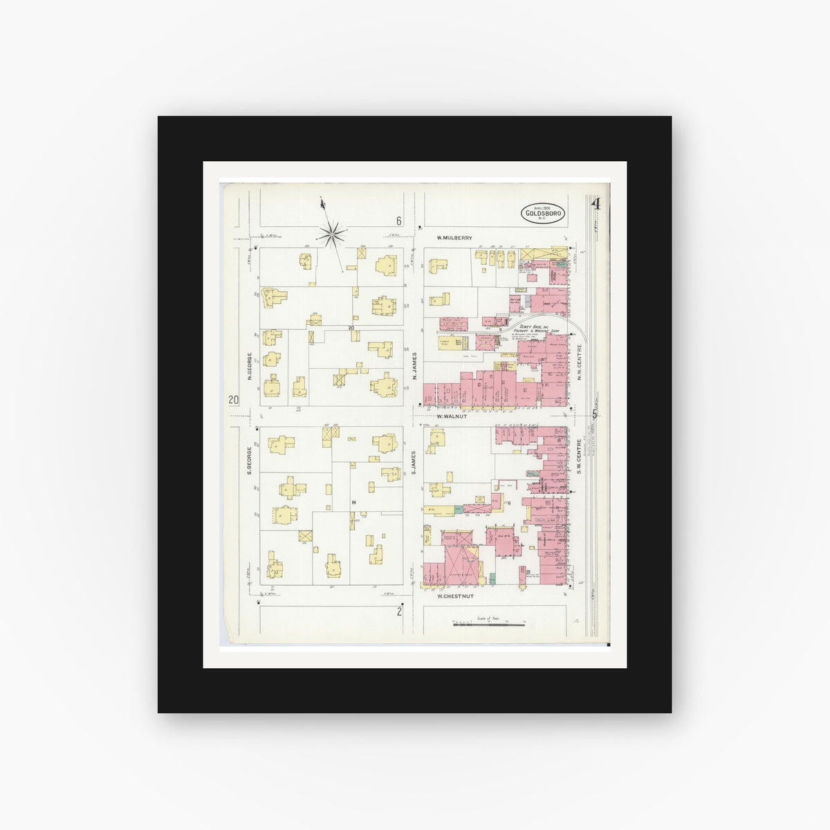 Old map wall art mockup — black gallery frame with white mat — Sanborn Fire Insurance Map from Goldsboro, Wayne County, North Carolina (1908), Sheet #0004
