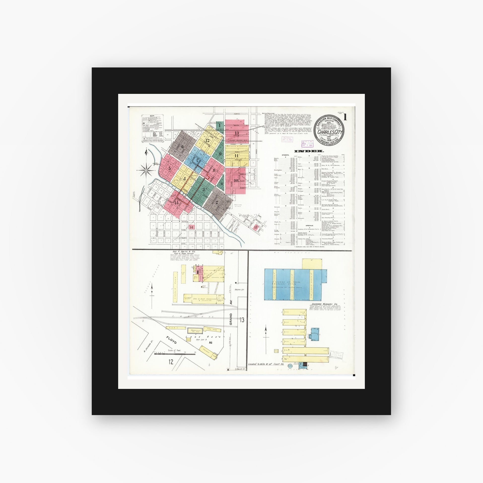 Old map wall art mockup — black gallery frame with white mat — Sanborn Fire Insurance Map from Charles City, Floyd County, Iowa (1909) â€” Complete Set