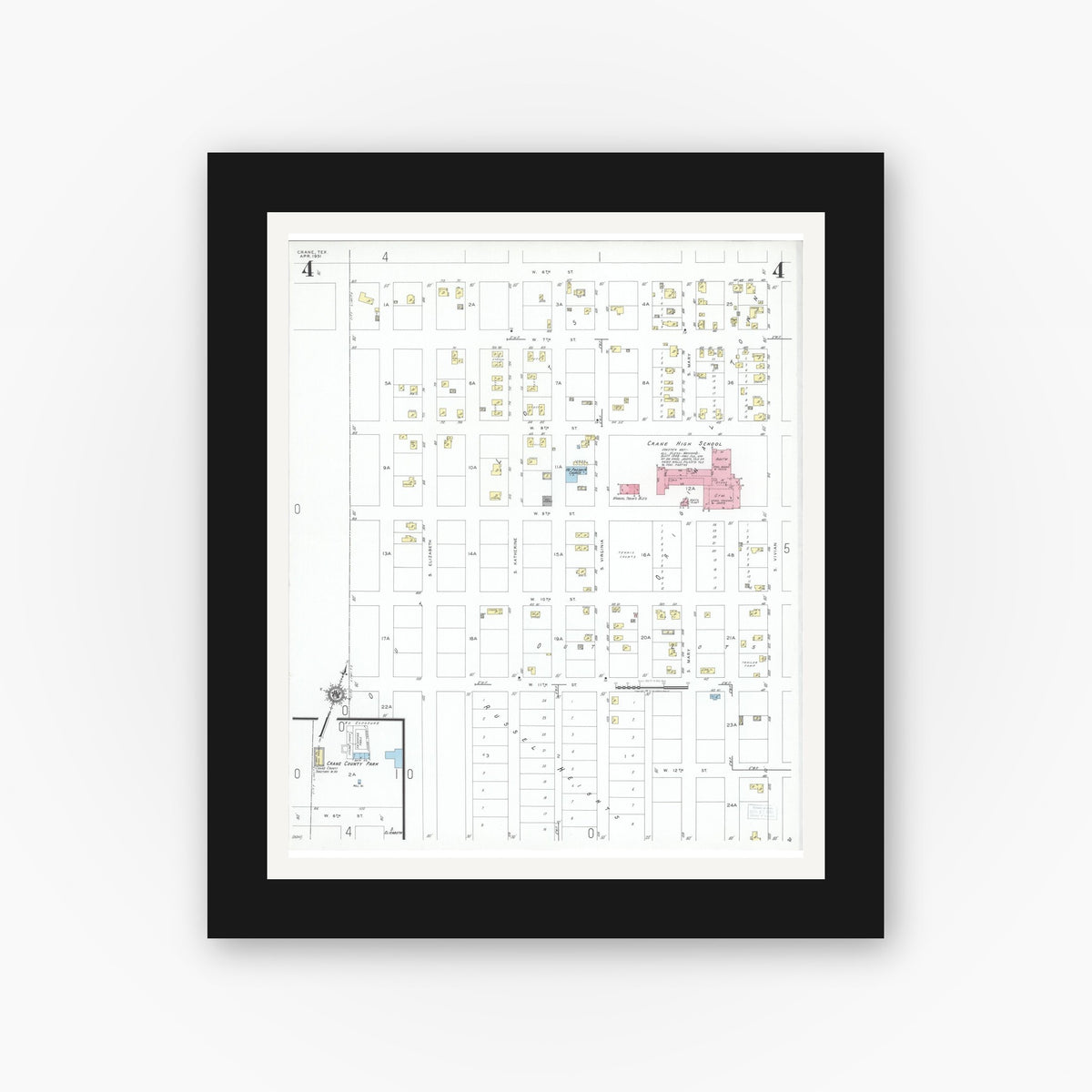 Old map wall art mockup — black gallery frame with white mat — Sanborn Fire Insurance Map from Crane, Crane County, Texas (1951), Sheet #0004
