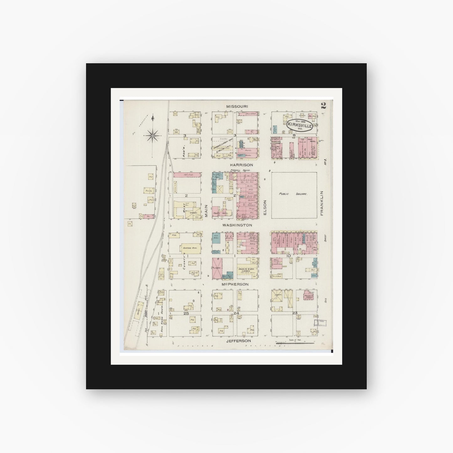Old map wall art mockup — black gallery frame with white mat — Sanborn Fire Insurance Map from Kirksville, Adair County, Missouri (1886), Sheet #0002
